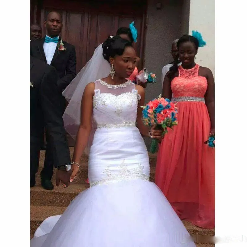 2018 Nigerianisches Brautkleid Meerjungfrau Brautkleider China Tüll Applikation Perlen Brautkleid Hochzeitskleid Maßgeschneiderte Sweep-Zug-Kleider