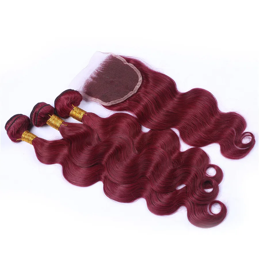 8A Grade Brazilian 99J Burgundy Haar spinnt mit Spitze Schließung Wein rote Körperwelle Menschenhaar Bundles mit 4X4 Spitze Schließung 