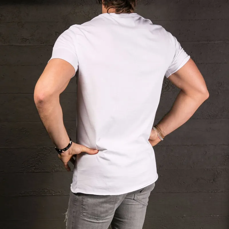 Katoen Tee heren mode show stijlvolle lange t-shirt asymmetrische kant rits big nek korte mouw t-shirt mannelijke hip hop tee