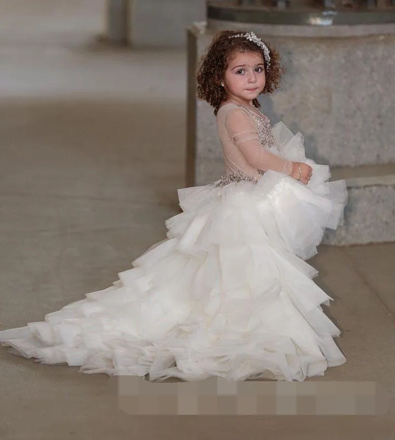 High Low Illusion Long Sleeves Girls Pageant Dresses Jewel Beading Sequins Layered Tulle Flower Girls Dress Children Lovely Kids P9657473
