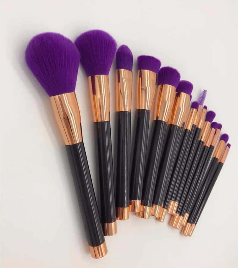 Set di pennelli trucco professionale 15 pezzi Kit di pennelli fondotinta in polvere Cosmetici Oro Viola Alta qualità