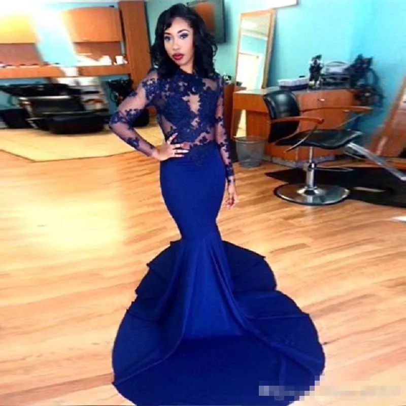 Långärmade Lace Prom Dress Mermaid Style High Neck Genomefter Lace Appliques Sexiga Royal Blue African Party Evening Gowns 2019