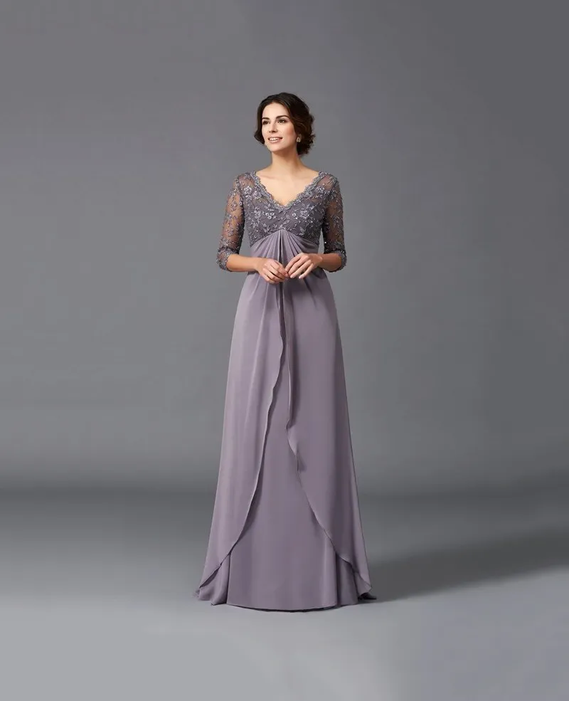 Lange Kleider für die Brautmutter, 3/4-Ärmel, Applikationen, Perlen, Übergröße, Kleid für die Mutter des Bräutigams, Chiffon, bodenlanges Abendkleid