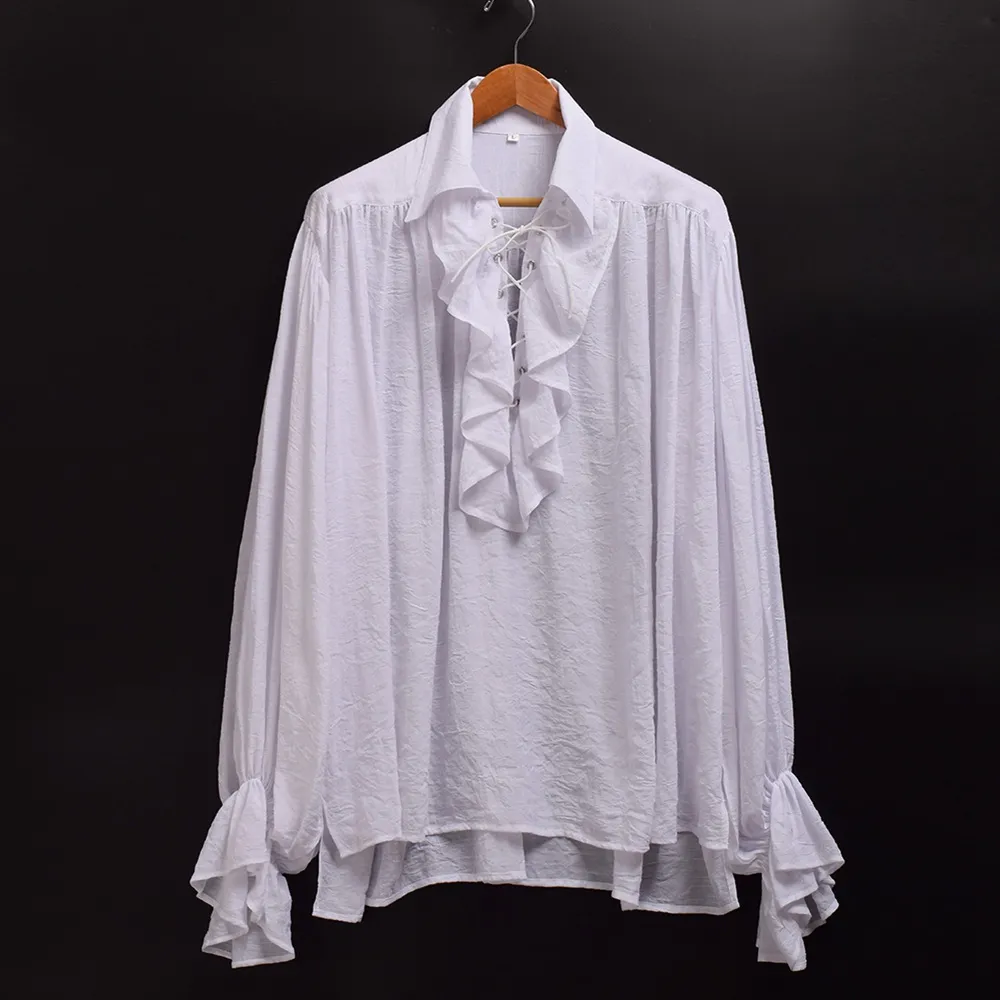 Pirate Shirt Renaissance Medieval Cosplay Costumes Unisex Women Men Vintage Vampire Colonial Gothic Ruffled Poet Blouse White Blac275d