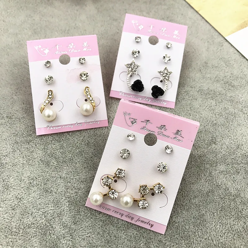 Venta al por mayor Stud Crown Princess Cross Pendientes de boda Moda 3 par / lote Plata Oro Rhinestone Perla Opal Zircon Joyería de moda DHL gratis