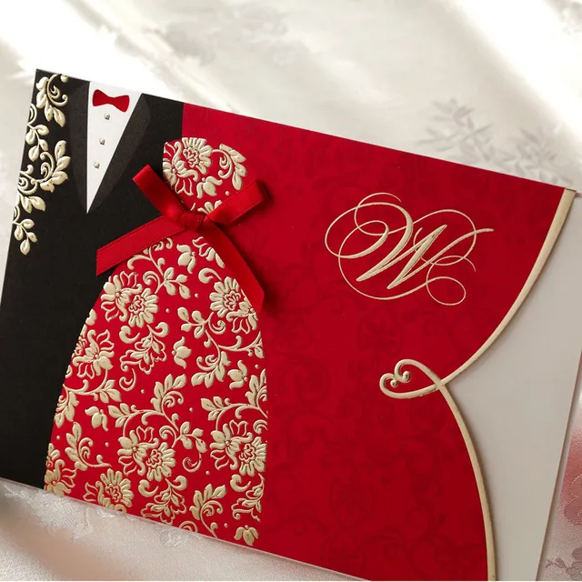 All'ingrosso - Carte per inviti di nozze con cravatta in seta per amanti rossi lucidi festivi con buste e sigilli, stampa gratuita
