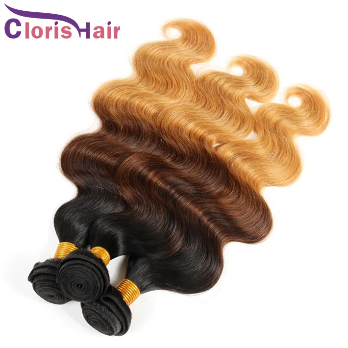 Blonde Cheveux Humains Bundles Vierge Péruvienne Corps Vague Ombre Armure Pas Cher 1B 4 27 Trois Tons Ondulés Extensions de Cheveux Colorés Fin Saine