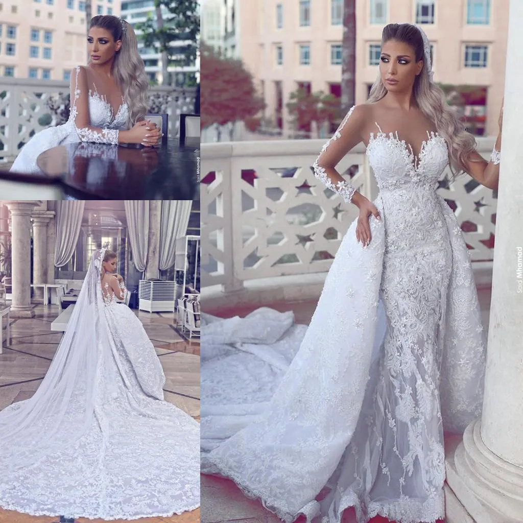 Luxury 2017 Latest Overskirt Wedding Dresses With Detachable Skirt Modest Sheer Neckline Long Sleeve Cathedral Train Bridal Gowns EN11295