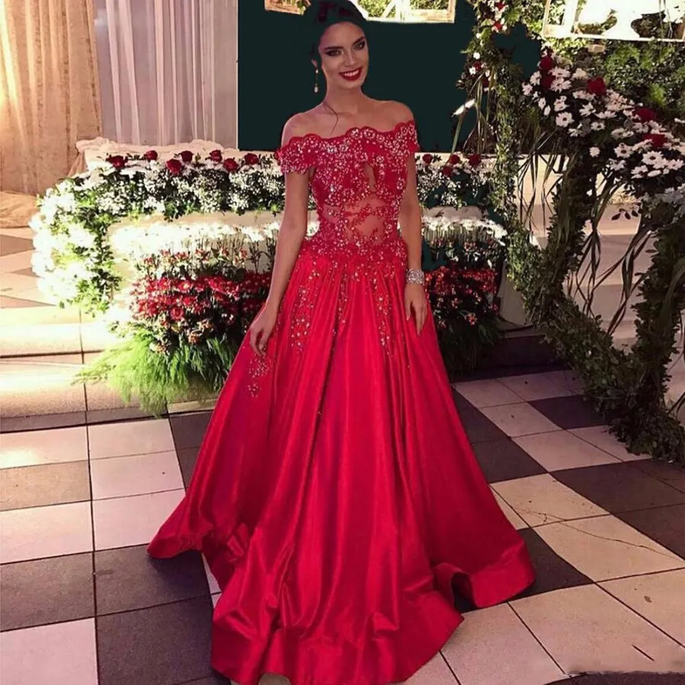 Elegant Red Prom Dresses Sexy Off The Shoulder Lace Appliques Beads Evening Gowns See Through A Line Satin Formal Party Dress