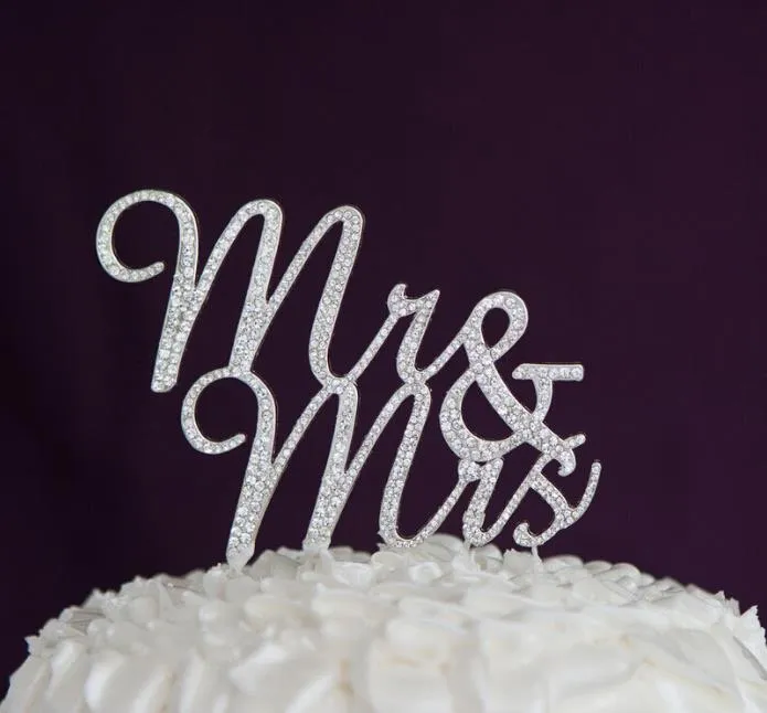 Herr Mrs Crystal Cake Topper Silver Rhinestone Bröllop Födelsedag Bling Cake Toppers Dekorationer Party Favor Cake Tillbehör