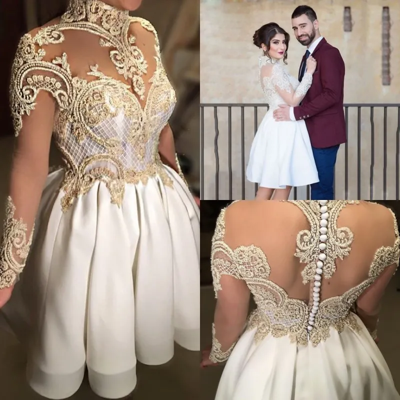 Lange High-Neck-Ärmel-Abschlussballkleider, kurze Ballkleider mit Spitzenapplikationen, günstiges sexy Mini-Schliffkleid