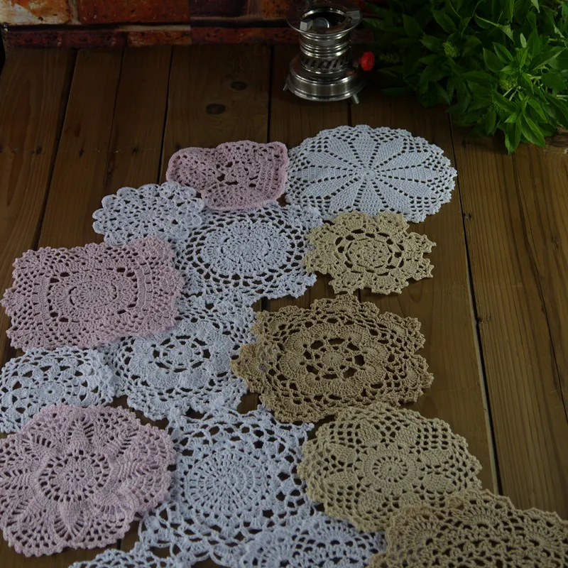 Set med 24 st Crocheted Doilies, Bordservett 6 Beige 12 Vit 6 Rosa, Heart Square Round Coaster, doily för virka hemtextil