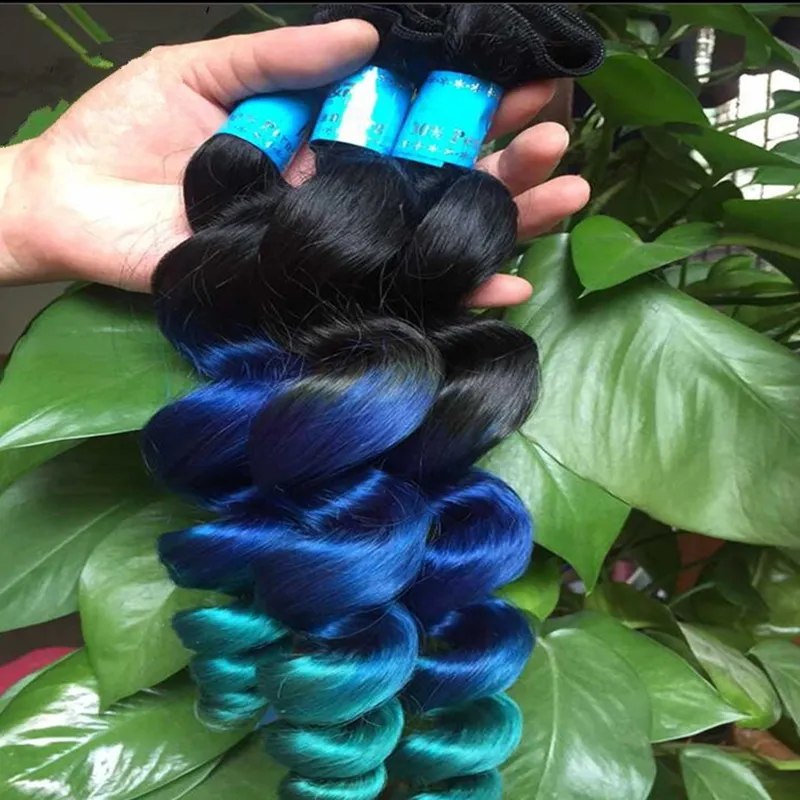 New Arrive Ombre Loose Wave Hair Extensions Three Tone 1B Blue Green Ombre Brazilian Wavy Human Hair Weave Bundles9931782