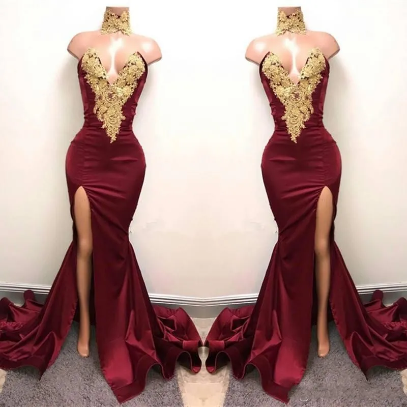 2017 Hot Sexy Tanie Burgundia Prom Dresses High Neck Syrenki Side Split Złoty Koronkowe Aplikacje Zroszony Długa Formalna Party Sukienka Suknie Wieczorowe