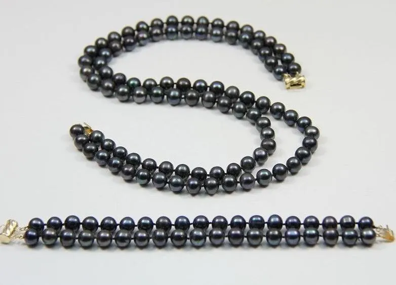 Новый 7-8 мм Черный натуральный жемчужный ожерелье 17-18 дюймов БЕСПЛАТНЫЙ БРАСЛЕТ 7,5 дюйма золотой застежки