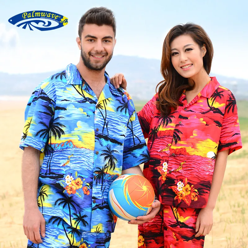 Camicia Da Uomo Aloha Hawaian Stampa Di Palme Da Tramonto Tropicale Luau Beach Cotone Rosso Blu Manica Lunga Casual Da 33 66 DHgate