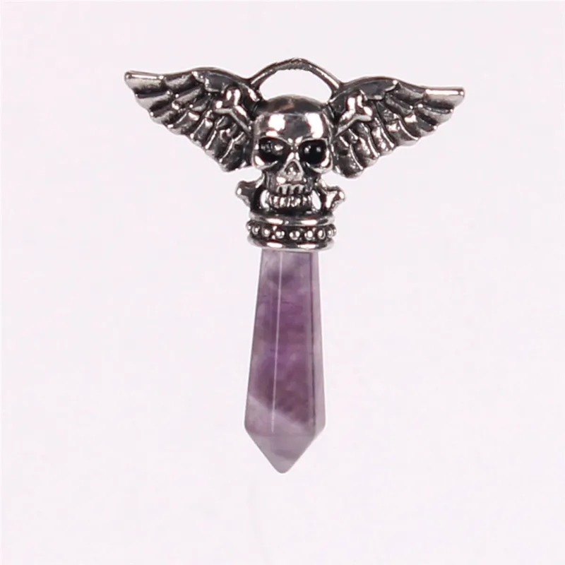 New Style 6 Kinds Alloy Skeleton Ghost Wings Charms Natural Lapis Lazuli Pink Crystal Amethyst Synthesized Opal Turquoise Green Pendulum