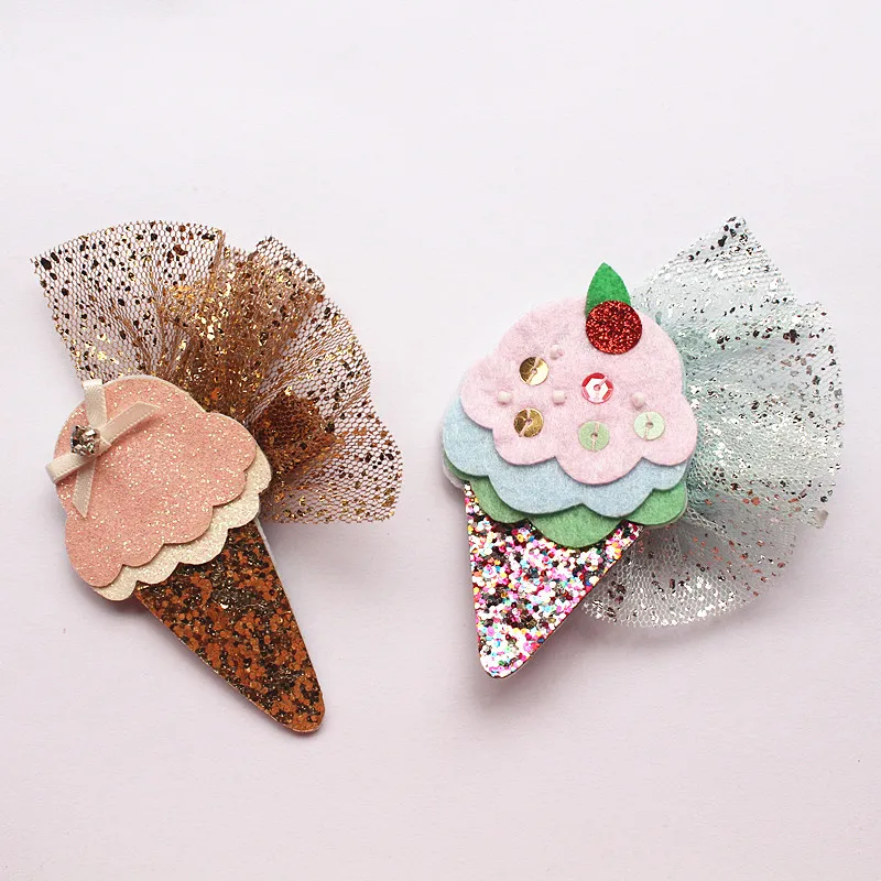 Ny Icecream Girl Glitter Filt Hair Clip Ice Cream Design Modish Girls Kids Hairpin Elegant Tjejer Hårtillbehör