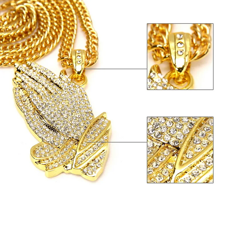 Nuovo argento mani in preghiera collana hiphop bling mens oro 18k gioielli religiosi ghiacciato preghiera Gesù donna uomo regalo placcatura