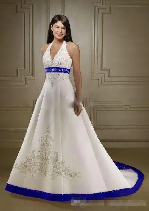 New Vintage Court Train White and Royal Blue A Line Wedding Dresses Halter Neck Open Back Lace Up Custom Made Embroidery Bridal Gowns