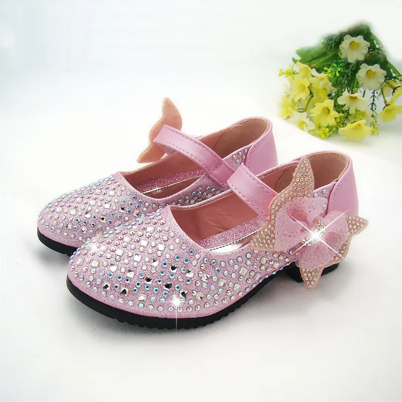 Fashion Girls Shoes Rhinestone Glitter Leather Shoes For Girls Spring Children Princess Shoes Pink Silver Golden 4 color size 26-36