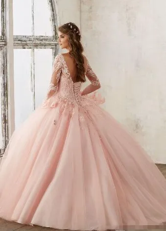 Baby Pink Quinceanera Dresses Lace Long Sleeve V-Neck Appliqued Ball Dresses Sweet 16 Princess Pageant Dress For Girls