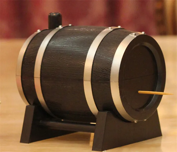 Creative Oak Wine Barrel Type Automatisk tandpetare Holder Press Bucket Dispenser Tandplock Bomullspinne Fall Box Black O 03369587413