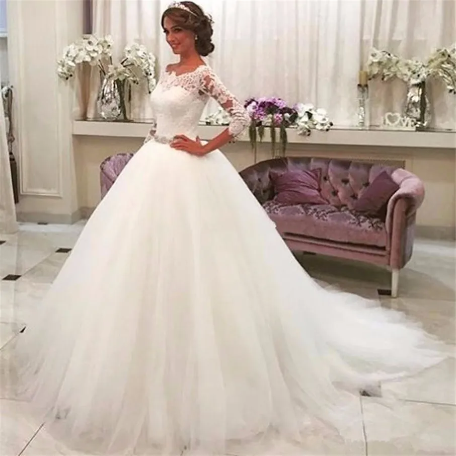 Vestidos de Novia 숄더 웨딩 드레스 3/4 소매 보트 넥 볼 가운 진주 벨트 아플리케 레이스 신부 가운