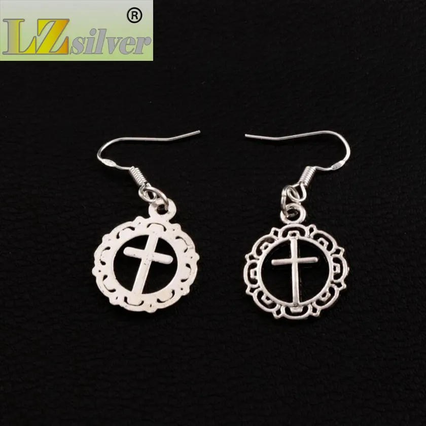 Kwiat Circle Cross Dangle Chandelier Kolczyki 925 Silver Fish Ear Hook E495 16.4x37.1mm 40 par / partia