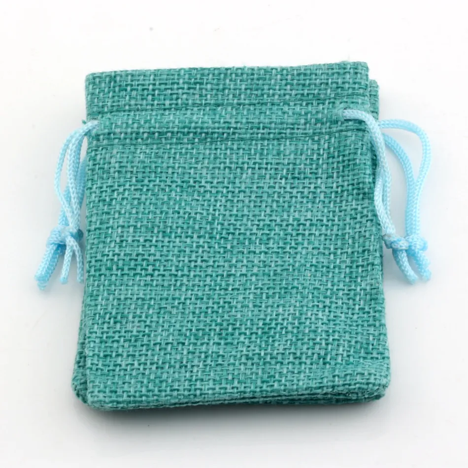 Sacs à cordon en tissu de lin pochettes cadeaux pour bijoux et bonbons, sacs en toile de Jute 7x9cm / 10x14cm / 13x18cm couleur Turquoise