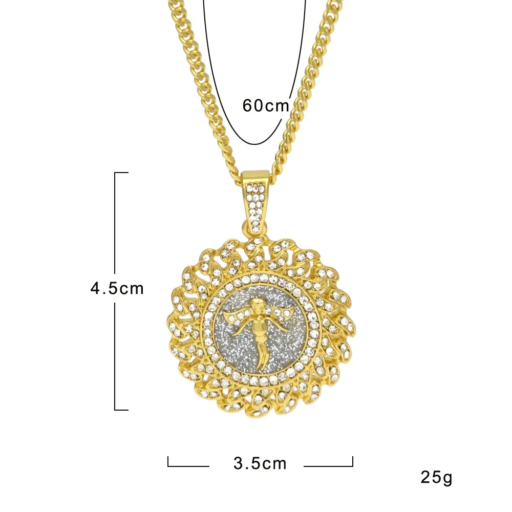 New Men Women Fashion Angle Pendant Necklace European Hip Hop Jewelry Silver/Gold Plated Shiny Rhinestone Round Necklace