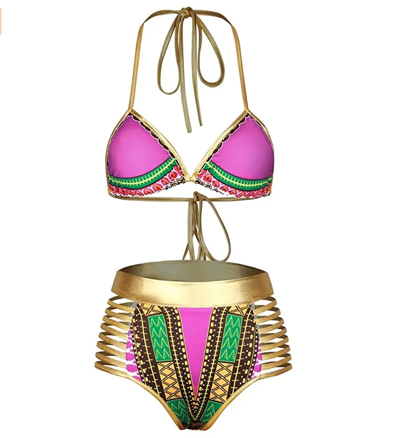 Sexy sud-africain doré licou bikini taille haute maillot de bain deux pièces maillot de bain femme baigneur