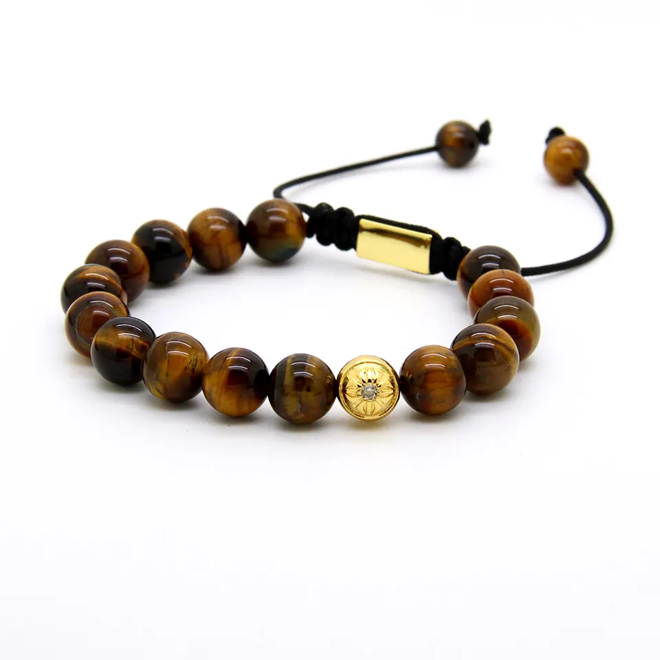 Nouveau En Gros / Hommes Plaqué Or Clair Cz Avec 10mm Tiger Eye Pierre Perles Tressage Bracelet