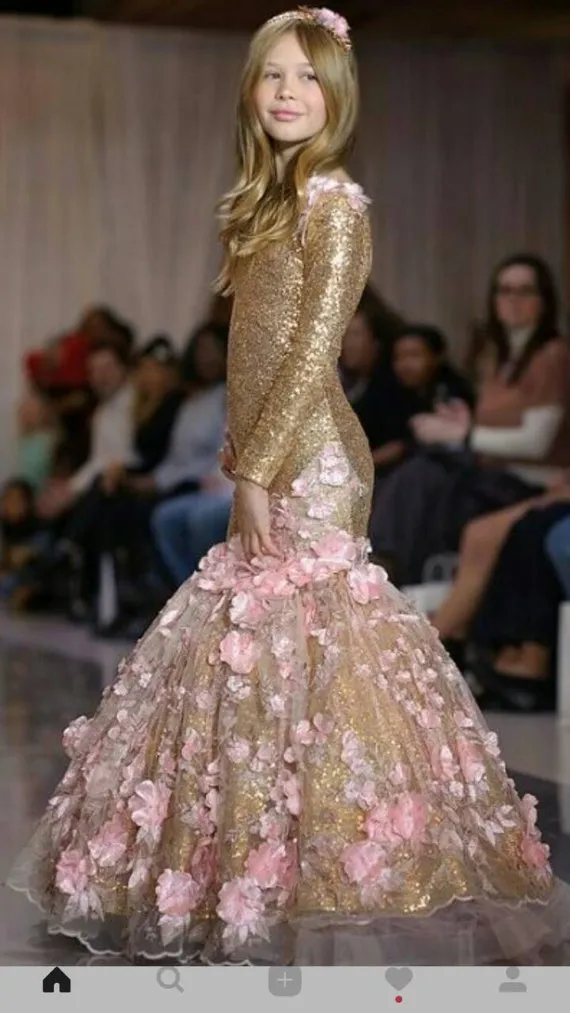 Gouden sequin zeemeermin pageant jurk handgemaakte bloemen lange mouwen backless bloem meisjes jurken glinsterende vloer lengte eerste communie jassen
