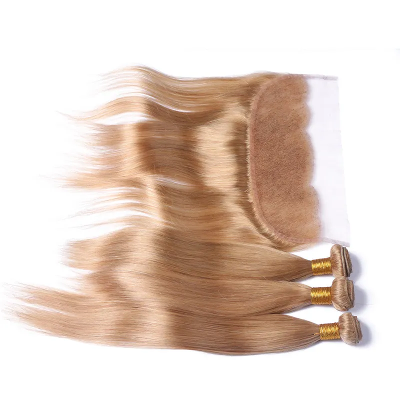 Peruwiański # 27 Honey Blonde Human Hair Weaves z frontal Light Brown Silky Proste 13x4 Full Lace Frontal z 3 rozszerzeniami wiązek