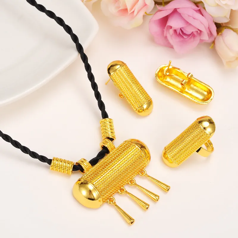 Senaste Moggy Small Bell Antika Smycken Set Halsband Örhängen Hängsmycke Ring 14K Gul Fine Gold GF Eritrea Kvinnors Fashion Habesha