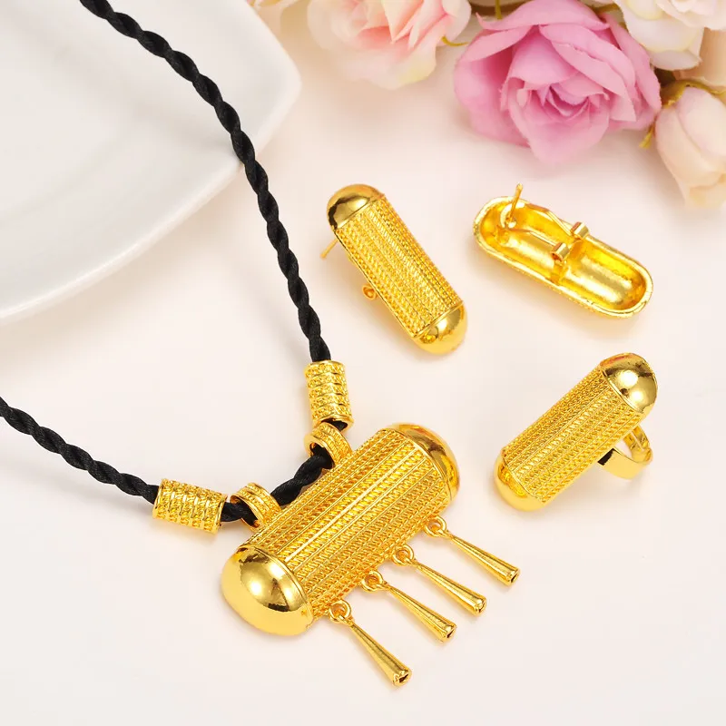 Ultime Moggy Piccola campana Set di gioielli antichi Collana Orecchini Anello pendente 14k Giallo oro fine GF Eritrea Moda donna Habesha