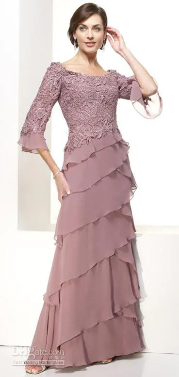 Elegant 2017 nieuwe bleke mauve kant en chiffon moeder van de bruid jurken goedkope 3/4 lange mouwen tiered moeder bruidegom jurk EN1217