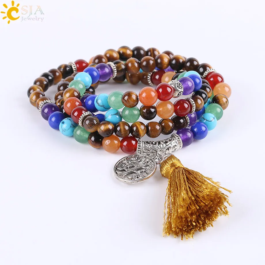 CSJA 108 Mala Natural Gemstone Tiger Eye Beads 다층 랩 팔찌 7 차크라 치유 말라 명상기도 요가 수제 보석 277L