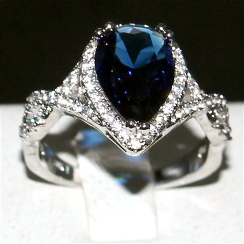 925 coroa de prata esterlina delicado em forma de pêra azul safira gota de água gemstone anel tamanho do dedo 5-10