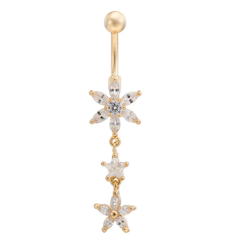 Star Flower CZ Piercings Jewelry Womens Sexy Belly Button Ring Long Dangle Navel Bar Gold Dangle Body Jewelry Piercing