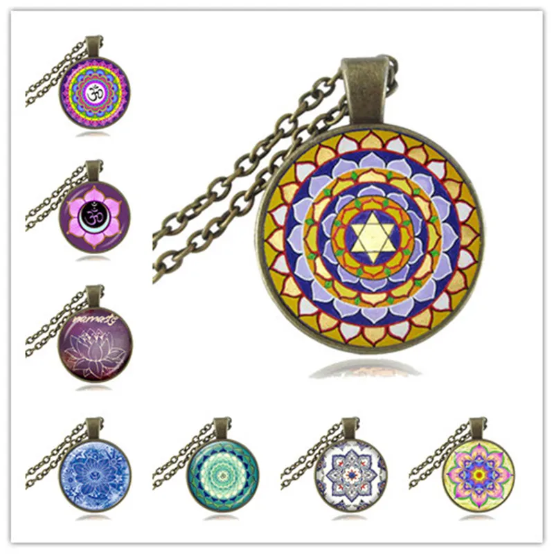 Collier Mandala Om Symbole Pendentif Verre Cabochon Bijoux De Mode Namaste Ras Du Cou Yoga Sans Collier Femmes Méditation Bijoux Hindouisme Collier