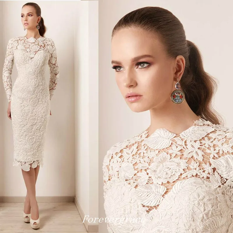 Ivory Colour Sheath Short Wedding Dress With Long Sleeves Classical Lace Bridal Gown Custom Made Plus Size