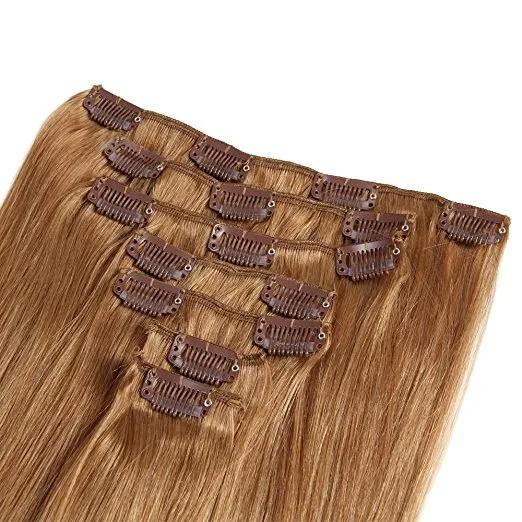 الشعر السائل - كليب في ملحقات الشعر البشري 100GRAMS 16CLIPS موجة مستقيم كامل رئيس 16inch-26inch # 12 اللون الذهبي البني