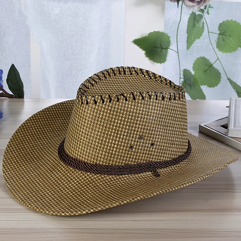 Sommar mode män solid halm västra cowboy hatt med rep vild curling brim keps haka rem strand sol hattar UV skydd