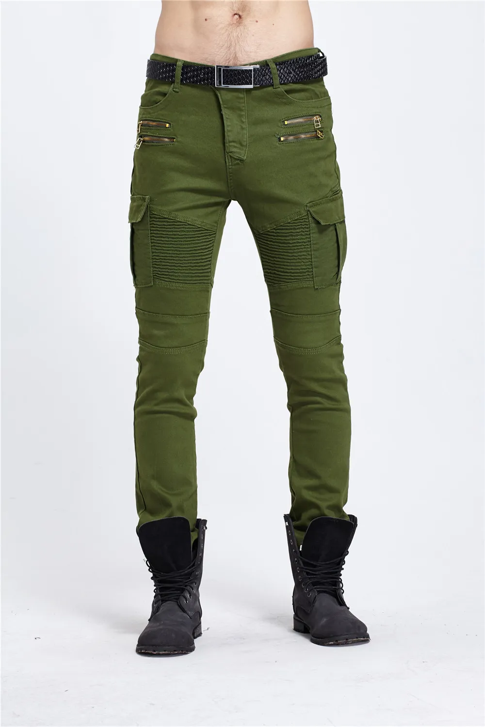 Mens Ripped Biker Jeans Homme Brand Multi Pockets Cargo Pant Army Green Mens Pleated Pencil Slim Hip Hop Denim Jeans240D