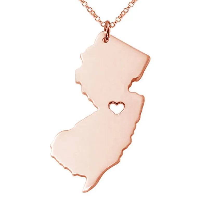 New Jersey Mapa de aço inoxidável colar de pingente com coração amor EUA estado NJ Geografia mapa colares jóias para mulheres e homens