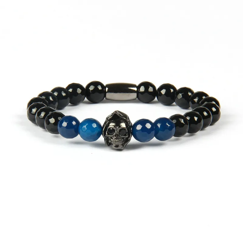 Wholesale 10pcs/lot 8mm Faceted Black Onyx Stone with Black CZ New Punk Skull Head Beaded Gift Men's Bracelet