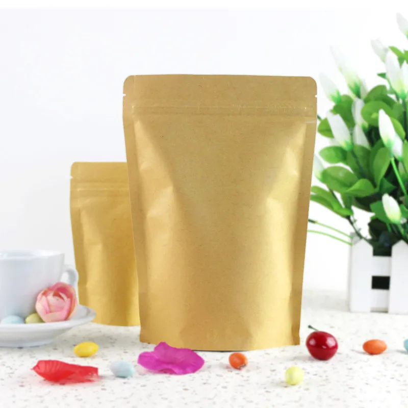 100шт / Stand Up Kraft Paper Zipper Bag Блокировка самостоятельной уплотнения алюминиевой фольги Mylar Doypack Zipper Bag сумки закуска хранения многоразовые сумки