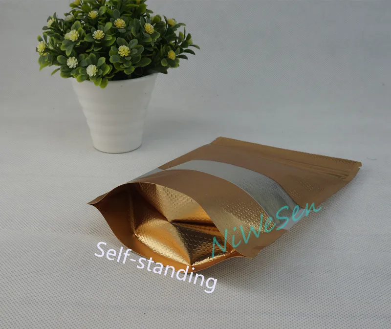 18x26cm potato powder pouch, X Stand up matte gold aluminium foil embossing ziplock bag with window-dry fruit sack resealable